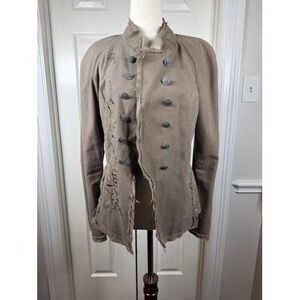 Lulu & Veronica Khaki Military Style Jacket Embroidered Distressed Tan‎ Womens M